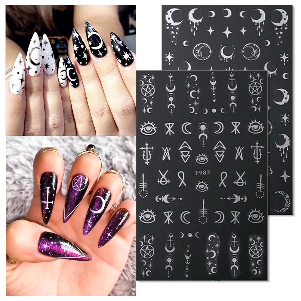 8 Sheets Metallic Nail Art Stickers Decals Silver Moon Star Sun Nail Stickers Eye Snake Nail Decals 3D Self-Adhesive Luxury Nail Art Design Stickers for Women Girls DIY Manicure Decoration Accessories-Velvo Beauty