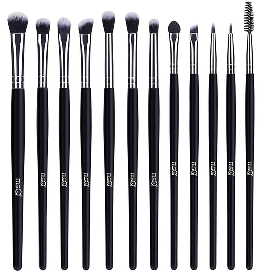 MSQ Eye Makeup Brushes 12pcs Eyeshadow Makeup Brushes Set with Soft Synthetic Hairs & Real Longer Wood Handle for Eyeshadow, Eyelash,Eyebrow, Eyeliner, Blending, Conclear(Black)-Velvo Beauty