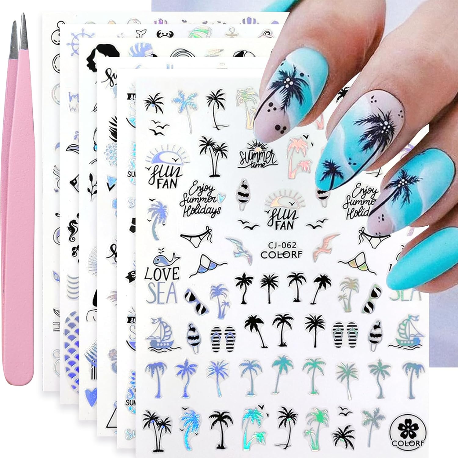 Summer Nail Art Stickers 6 Sheets Shell Nail Decals 3D Self-Adhesive Nails Design Accessories Palm Tree Jellyfish Mermaid Stickers for Women Nails Decoration-Velvo Beauty