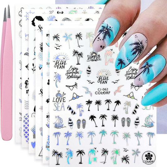 Summer Nail Art Stickers 6 Sheets Shell Nail Decals 3D Self-Adhesive Nails Design Accessories Palm Tree Jellyfish Mermaid Stickers for Women Nails Decoration-Velvo Beauty