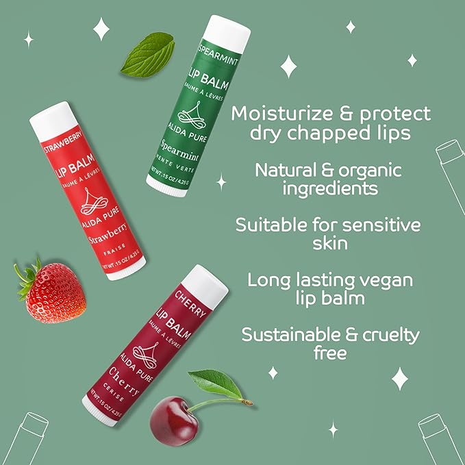 Berry Mint Lip Balm Collection, Vegan Set, Bees Wax Free, Coconut Oil Free, with Organic Jojoba and Avocado Oil, Vitamin E, Natural Moisturizer For Dry Cracked Lips, 3 Tube Set-Velvo Beauty