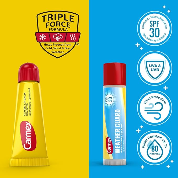 Carmex Lip Balm Bundle, 12 Count (9 Classic Lip Balm Tubes, 3 Weather Guard Lip Balm with SPF 30 Sticks)-Velvo Beauty
