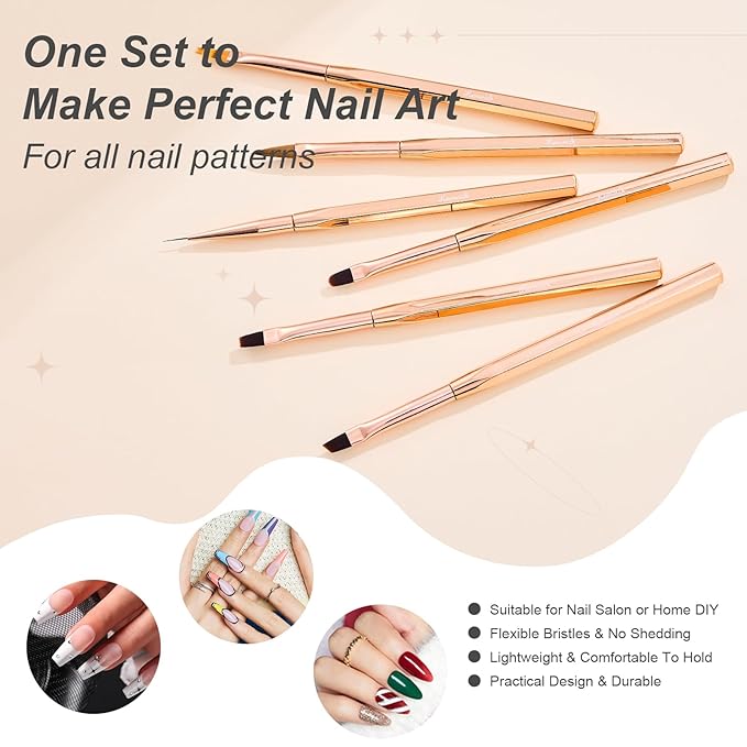 6Pcs Nail Art Brush Set - Nail Design Tool Including Nail Liner Brush, Ombre Brush, Nail Gel Polish Painting Brush Drawing Pen for Home Use and Professional Nail Salon-Velvo Beauty