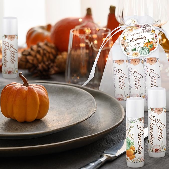 Demissle 50 Pcs Baby Shower Lip Balm Gift Set with 100 Pcs Organza Bags Baby Shower Party Favor for Guest Thank You Tag Rope Baby Shower Party Decoration Gender Reveal Souvenirs (Pumpkin and Flowers)-Velvo Beauty