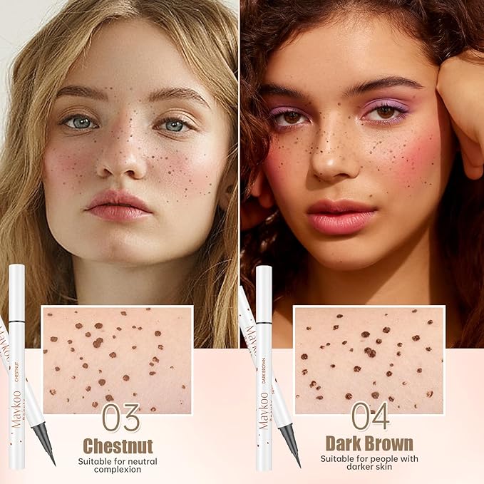4 Colors Freckle Pen Set, Natural Lifelike Face Fake Freckle Stamp Makeup Pen Waterproof Long Lasting Quick Dry Faux Freckles Sun-kissed Makeup-Light Brown,Natural Coffee,Chestnut,Dark Brown-Velvo Beauty