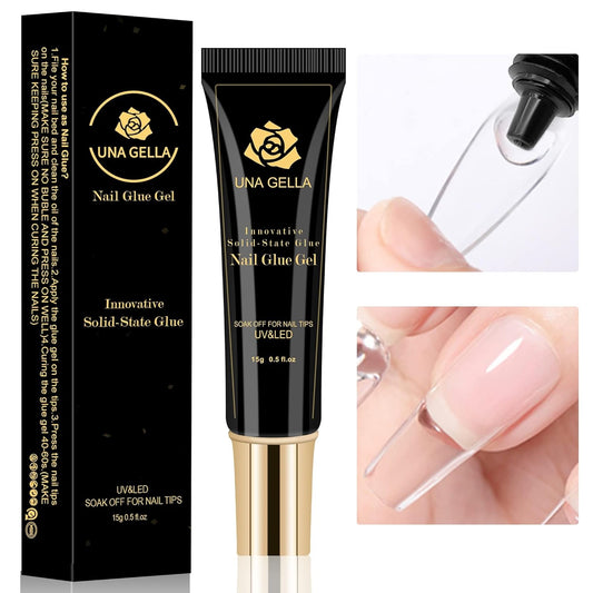 UNA GELLA Solid Nail Glue Gel 15ml Lamp Curing Needed Solid Soak Off U V/LED Lamp Required Super Strong Glue For Fake Acrylic Soft Gel Nail Tips Press On Nails Art Extension-Velvo Beauty