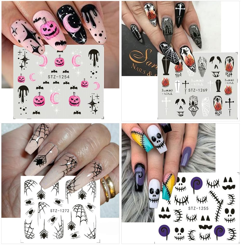 12 Sheets Halloween Nail Art Sticker Decals Horror Water Transfer Nails Foils Pumpkin Ghost Skull Spider Blood Evil Eye Halloween Design Nail Art Decoration Nail Slider Decal for Women DIY Nail Supply-Velvo Beauty