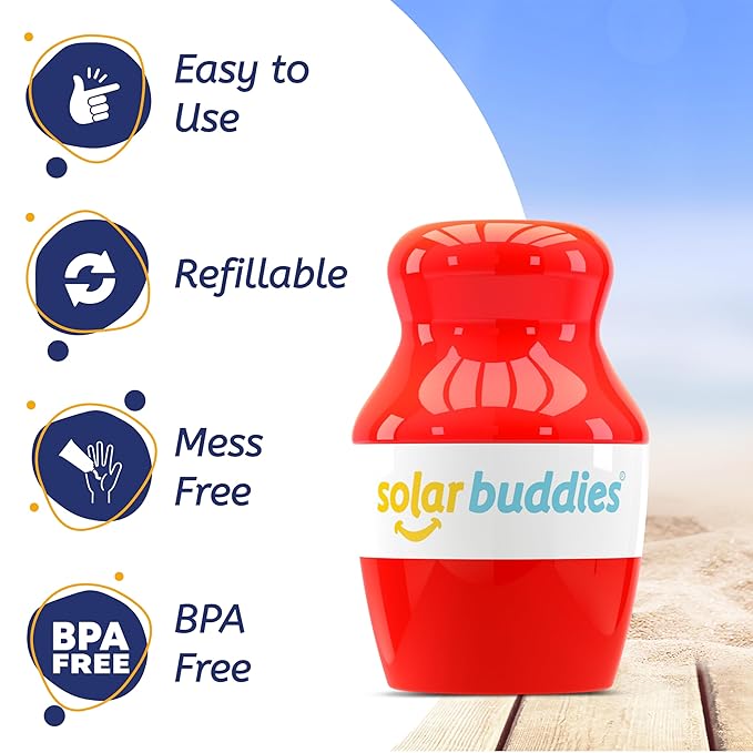 Solar Buddies Sunscreen Applicator - Single Red - Refillable Roll on Sponge Sunscreen, Suncream & Lotion Applicator For Kids, Adults & Families - Holds 3.4fl oz, Perfect Size for Travel-Velvo Beauty