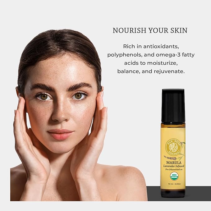 Silk Road Organic Marula Seed & Lavender Essential Oil, 100% Pure USDA Certified Aromatherapy, Deep Hydration for Face, Body, Lips, Hair, Nails - 10 ml Roller by Silk Road Organic-Velvo Beauty