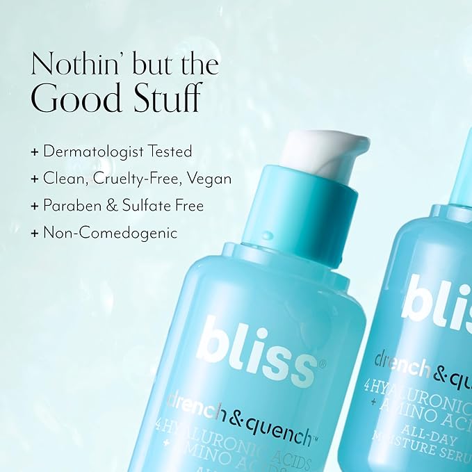 Bliss Hyaluronic Acid Drench & Quench Facial Serum – Hydrating Serum for Dry, Sensitive Skin - Lightweight Gel Formula for Deep Hydration & Plump Skin - Clean, Cruelty-Free - 1 Fl Oz-Velvo Beauty