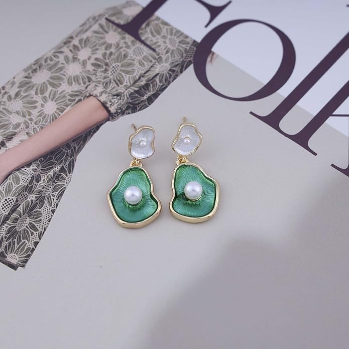 Vintage Lotus leaf Pearl Drop Earrings Green Lotus Leaf Earrings Green Enamel Flower Earrings Gold Irregular Pearl Earrings Jewelry for Women-Velvo Beauty