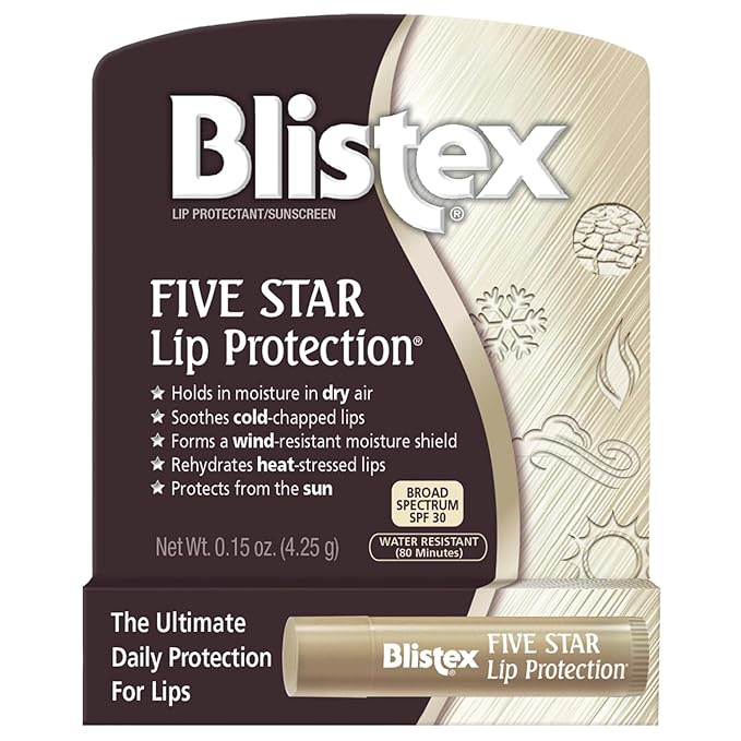 Blistex Five Star Lip Protection Balm, 0.15 Ounce – Wind & Water-Resistant Lip Care, Broad Spectrum SPF 30 Sun Protection, Soothes Cold Chapped Lips, Hydrating Lip Treatment, Holds in Moisture-Velvo Beauty