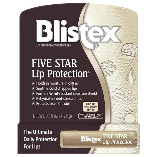 Blistex Five Star Lip Protection Balm, 0.15 Ounce – Wind & Water-Resistant Lip Care, Broad Spectrum SPF 30 Sun Protection, Soothes Cold Chapped Lips, Hydrating Lip Treatment, Holds in Moisture-Velvo Beauty