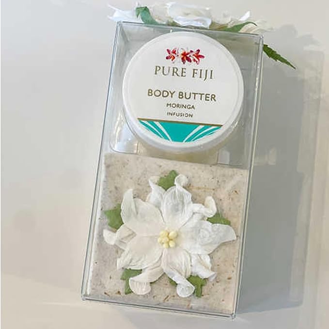 Pure Fiji Spa Gifts for Women and Man - Body Gift Box Sugar Glow with Exfoliating Scrub, Bath and Body Oil, Body Butter and Body Lotion, Shower Set, Moringa-Velvo Beauty