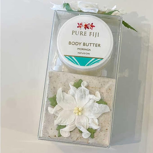 Pure Fiji Spa Gifts for Women and Man - Body Gift Box Sugar Glow with Exfoliating Scrub, Bath and Body Oil, Body Butter and Body Lotion, Shower Set, Moringa-Velvo Beauty
