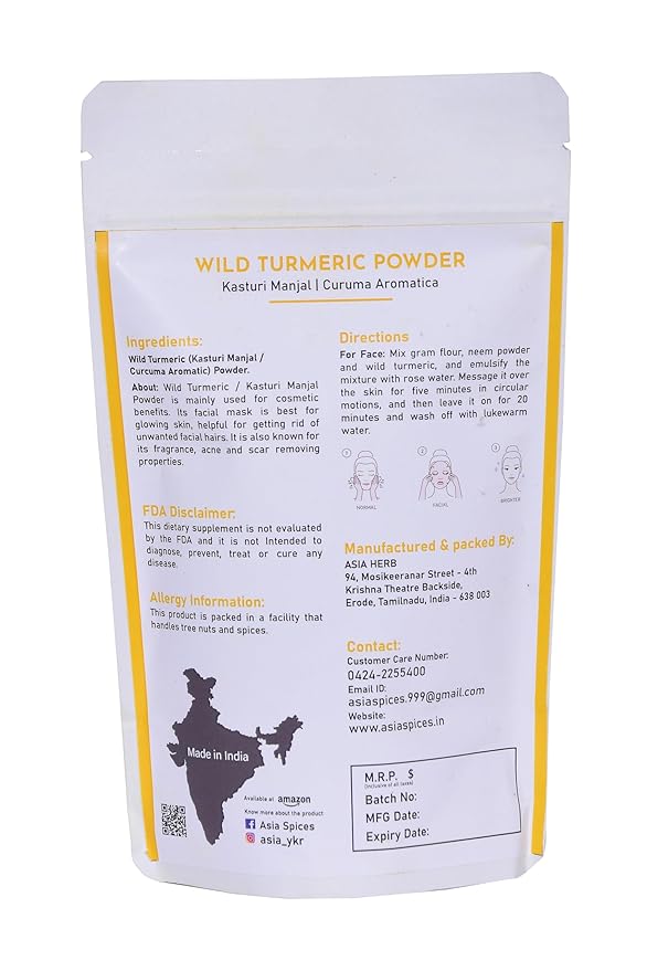 Asia Wild turmeric Powder by Asia | 100g /3.5 Oz | Kasturi Manjal | Curcuma Aromatica |100% Natural – Nothing external added | Preparing Turmeric Face Mask | For Face Packs & Face Mask-Velvo Beauty