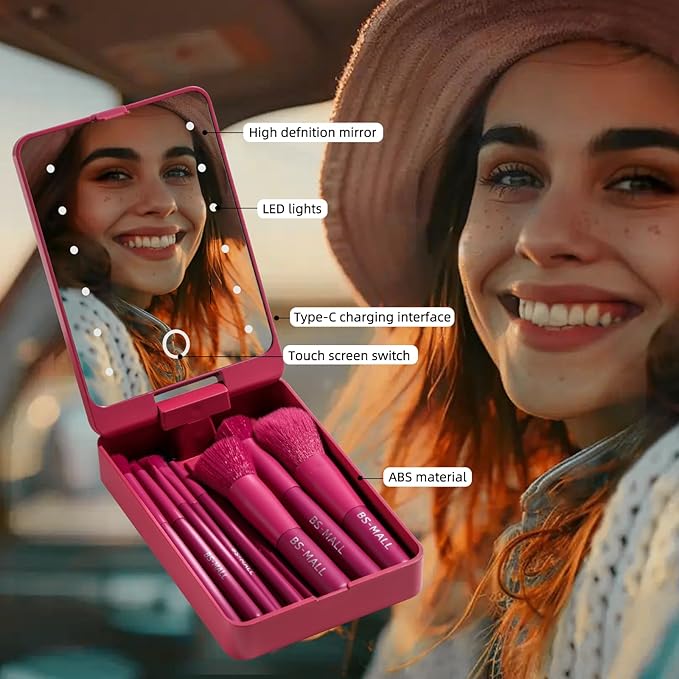 BS-MALL Travel Makeup Brush Set Foundation Powder Concealers Eye Shadows Makeup Set with LED light Mirror 14 Pcs (HotPink)-Velvo Beauty