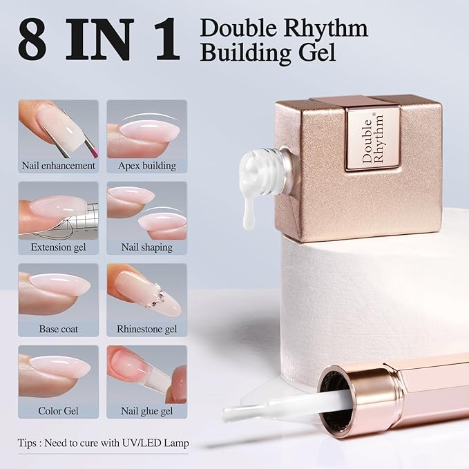 Double Rhythm 0.52 Oz Rubber Gel Polish Nail Strengthener Builder in a Bottle for Thickening Extension Hard Structure Glue (Nude Pink 8 in 1-3)-Velvo Beauty