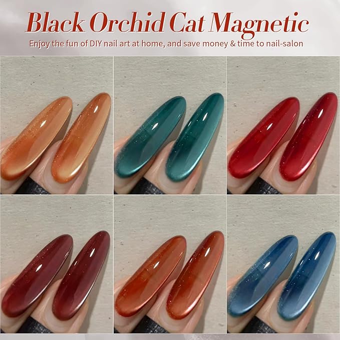 BORN PRETTY Magnetic Gel Nail Polish Water Light Cat Magnetic Eye Gel Black Orchid Jelly Glass Crystal Magnetic Gel Polish Glitter Shimmer Auroras Magnetic Gel Nail Art Manicure Kit 6PCS-Velvo Beauty