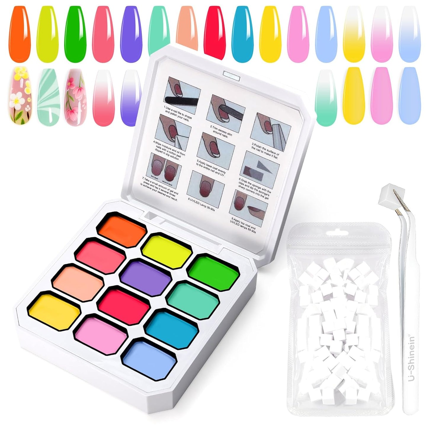 Gradient Painting Gel, 12 Colors Ombre Gel Nail Polish with 100Pcs Nail Sponges &Tweezers for Pigment Pat Aura Nails French Manicure Soak Off UV Long-lasting Set Palette Chroma Carnival-Velvo Beauty