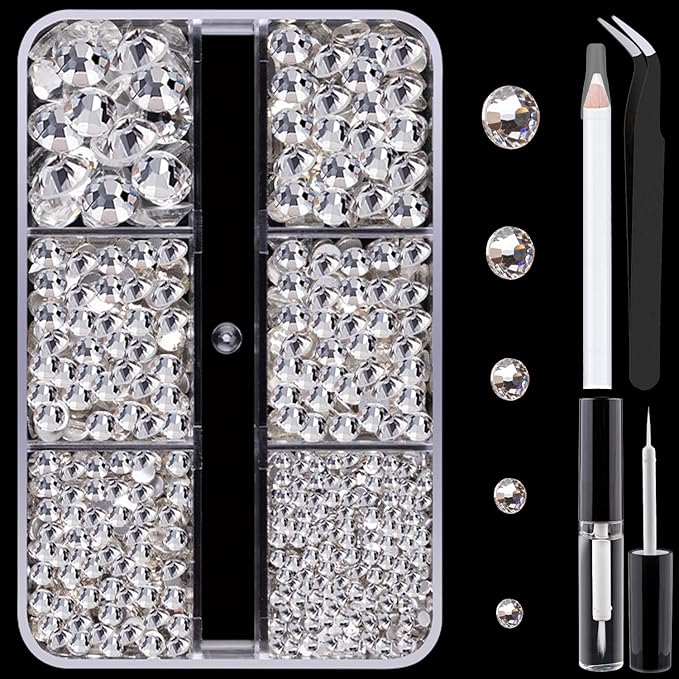 Colorful Face Gems for Makeup Set, Flatback Gorgeous Charming Clear Glass Rhinestone with Makeup Glue+Picker Pencil+Tweezer for Eye Body Hair Make-up and Nail Art Deco-Velvo Beauty