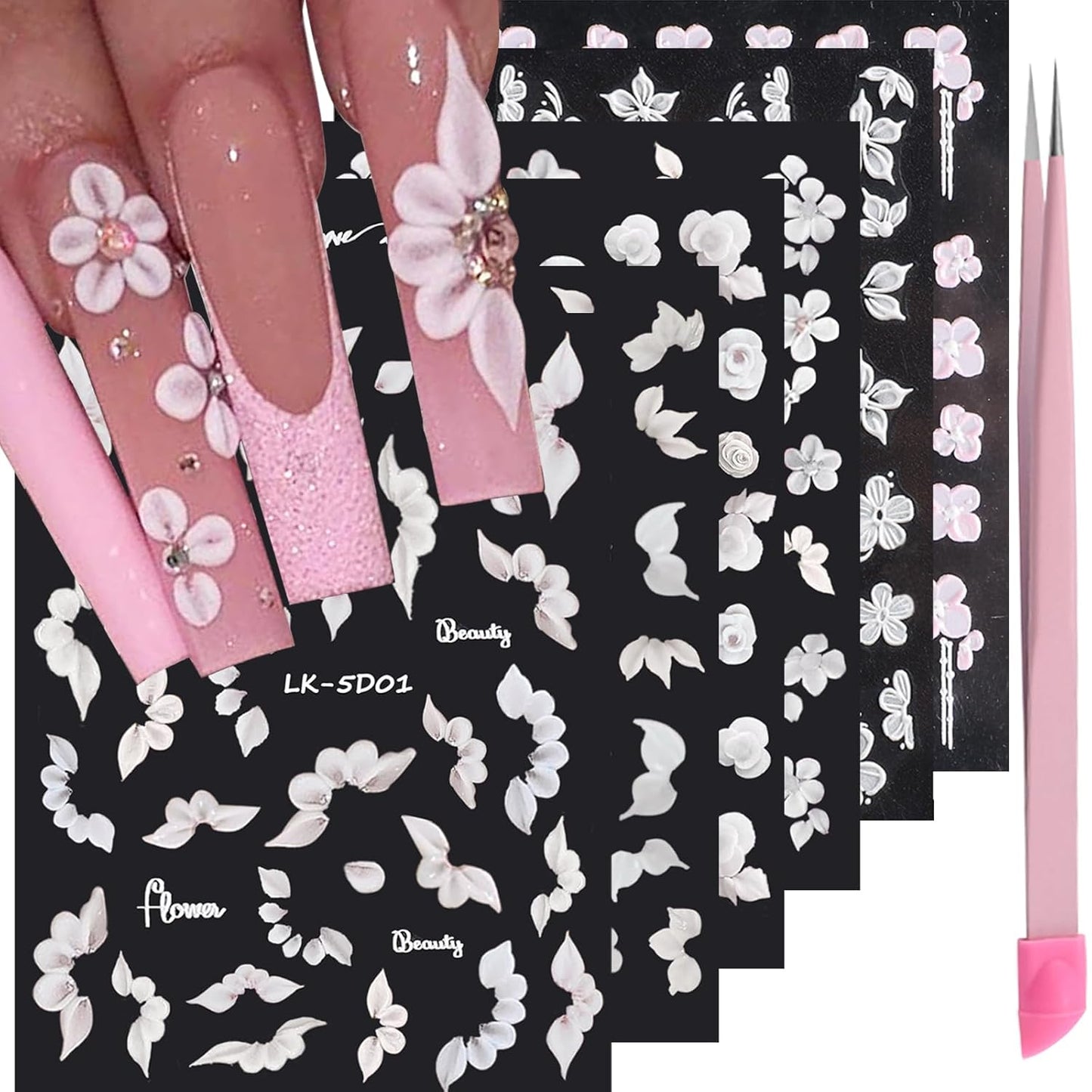 6 Sheets Flower Nail Stickers for Nail Art 5D Embossed Engraved Nails Decals 3D Spring Nails Supplies Accessories Self-Adhesive DIY Design Decoration for Women and Girls-Velvo Beauty