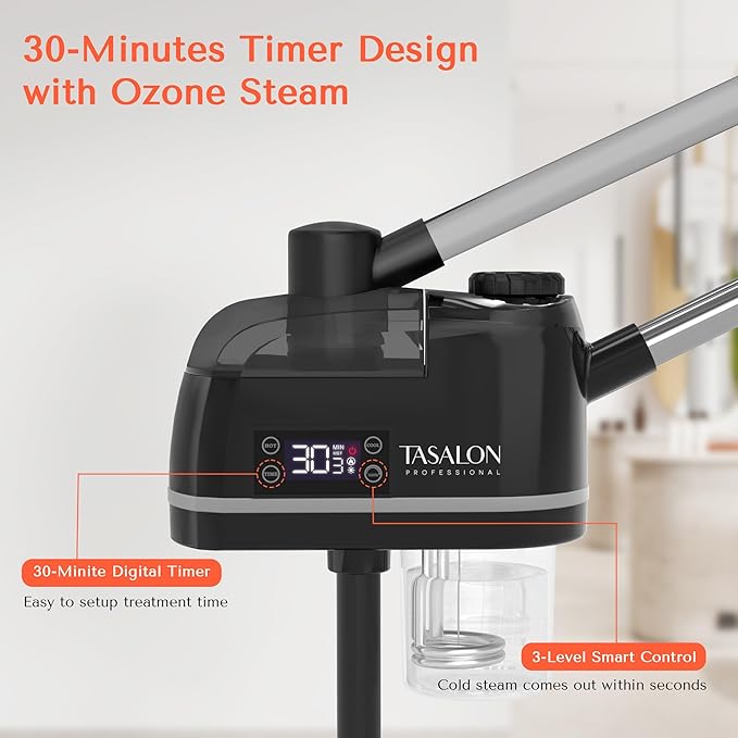 TASALON 2 in 1 Professional Facial Steamer on Wheels -with Ozone and Hot & Cold Mist, Ionic Facial Steamer Kit for Facial Deep Cleaning and Moisturize, SPA & Home, Ozone Face Humidifier - Black-Velvo Beauty