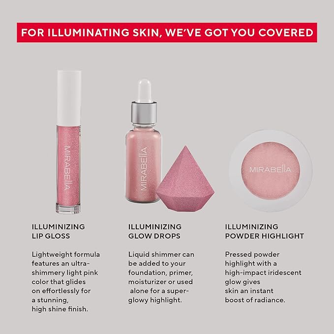 Mirabella 4-Piece Makeup Set for Women & Girls, Illuminizing Holiday Gift Set - Make-Up Set Includes Lip Gloss, Glow Drops, Powder Highlight & Blender Sponge - Talc-Free & Paraben Free Cosmetic Set-Velvo Beauty
