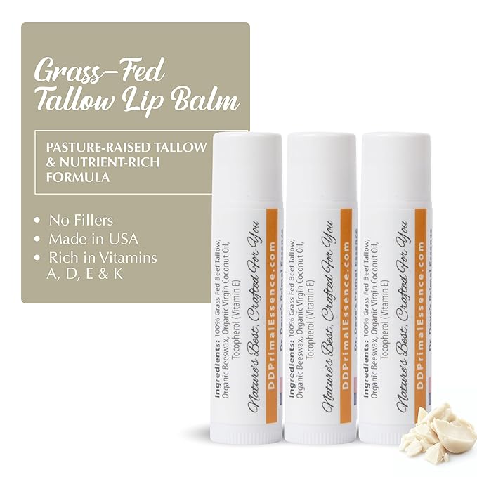 Moisturizing Tallow Lip Balm – Grass-Fed Beef Tallow with Organic Coconut Oil, Beeswax, and Vitamin E – Unscented Lip Balm Set – Travel Essential - 3-Pack-Velvo Beauty