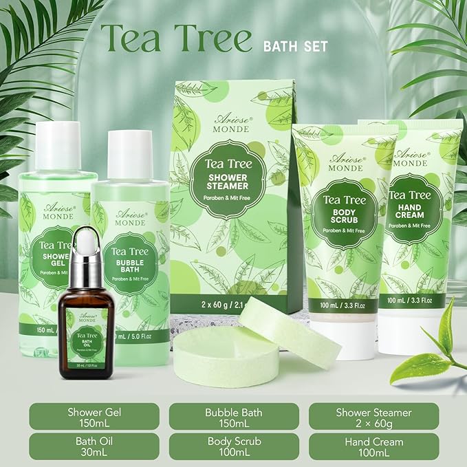 Spa Gift Basket - Tea Tree Bath Set With Shower Gel, Bubble Bath, Hand Cream, Soap, Salt, Essential Oil - Luxury Body Gift Kit for Women-Velvo Beauty