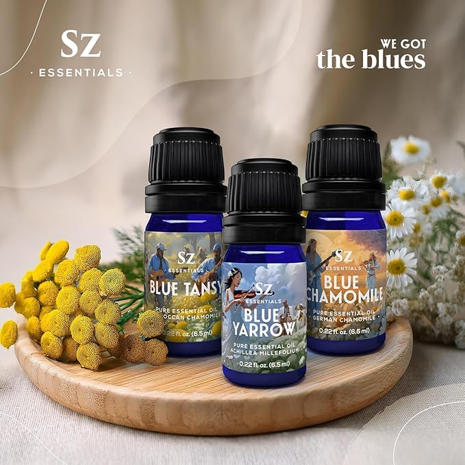 – “We Got The Blues” Essential Oils Set – Blue Tansy, Yarrow & German Chamomile – 3 x 6.5ml Bottles – 100% Pure, Natural, Undiluted – Therapeutic Grade & Vegan-Velvo Beauty