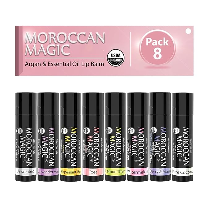 Moroccan Magic Organic Lip Balm Variety Pack Gift Set | Natural Argan and Essential Oils | Smooth | Non-Toxic Cruelty Free | 8 Pack-Velvo Beauty
