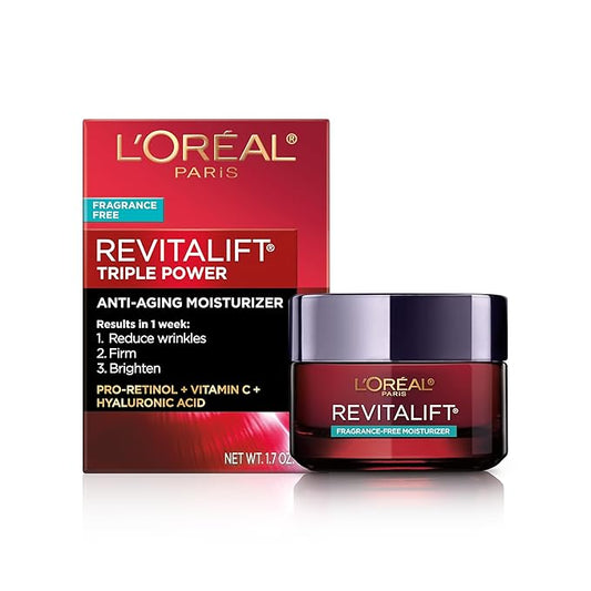 L'Oreal Paris Revitalift Triple Power Anti-Aging Face Moisturizer, Pro Retinol, Hyaluronic Acid & Vitamin C, Reduce Wrinkles, Fragrance Free 1.7 Oz-Velvo Beauty
