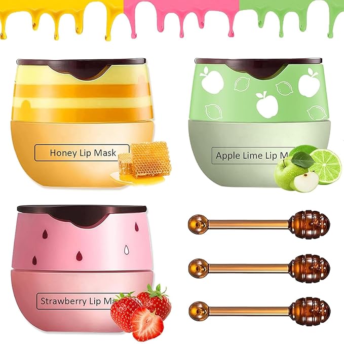 3 PCS Bee Lip Balm Honey Pot, Honey & Strawberry & Apple Lime Lip Balm, Lip Sleeping Mask Hydrating Prevention Dry and Cracked Lip Scrubs Exfoliator Lip Care, Moisturizing Lip Mask Overnight-Velvo Beauty