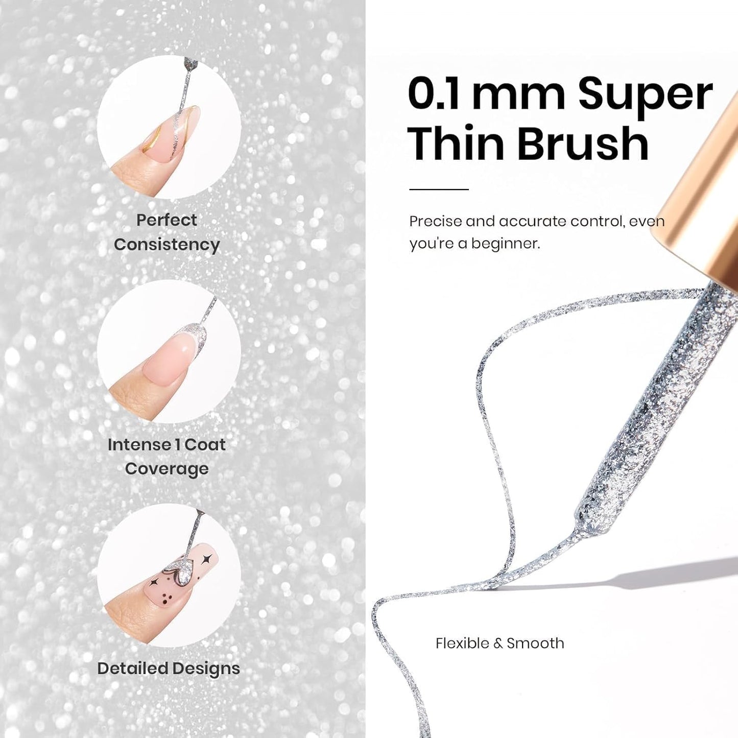 beetles Gel Polish Silver Glitter Gel Polish 1pcs 7ml Reflective Silver Glitter Liner Gel Polish for Gel Art Paint Sparkly Shiny Gel Nail Polish Liner for Women-Velvo Beauty