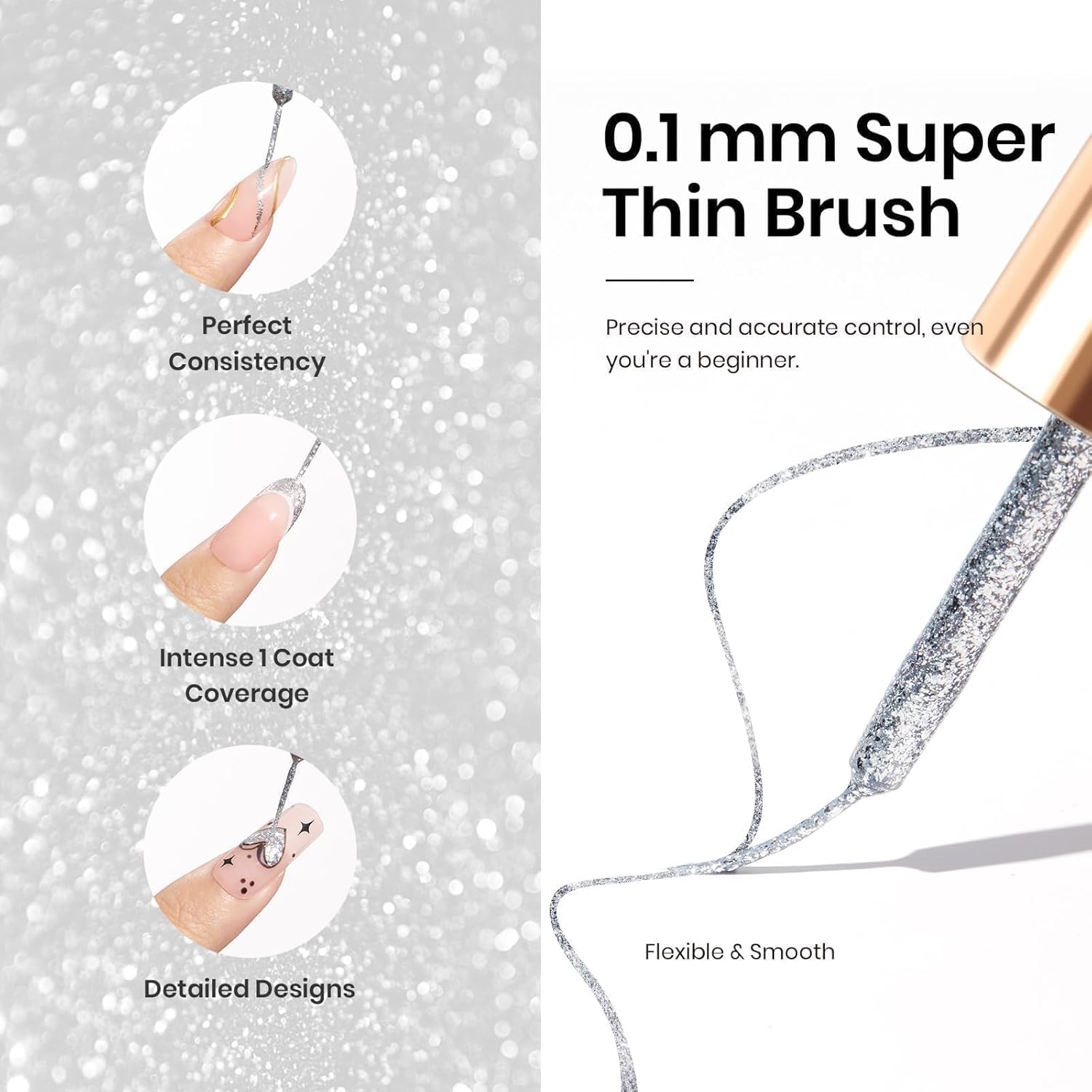 beetles Gel Polish Silver Glitter Gel Polish 1pcs 7ml Reflective Silver Glitter Liner Gel Polish for Gel Art Paint Sparkly Shiny Gel Nail Polish Liner for Women-Velvo Beauty