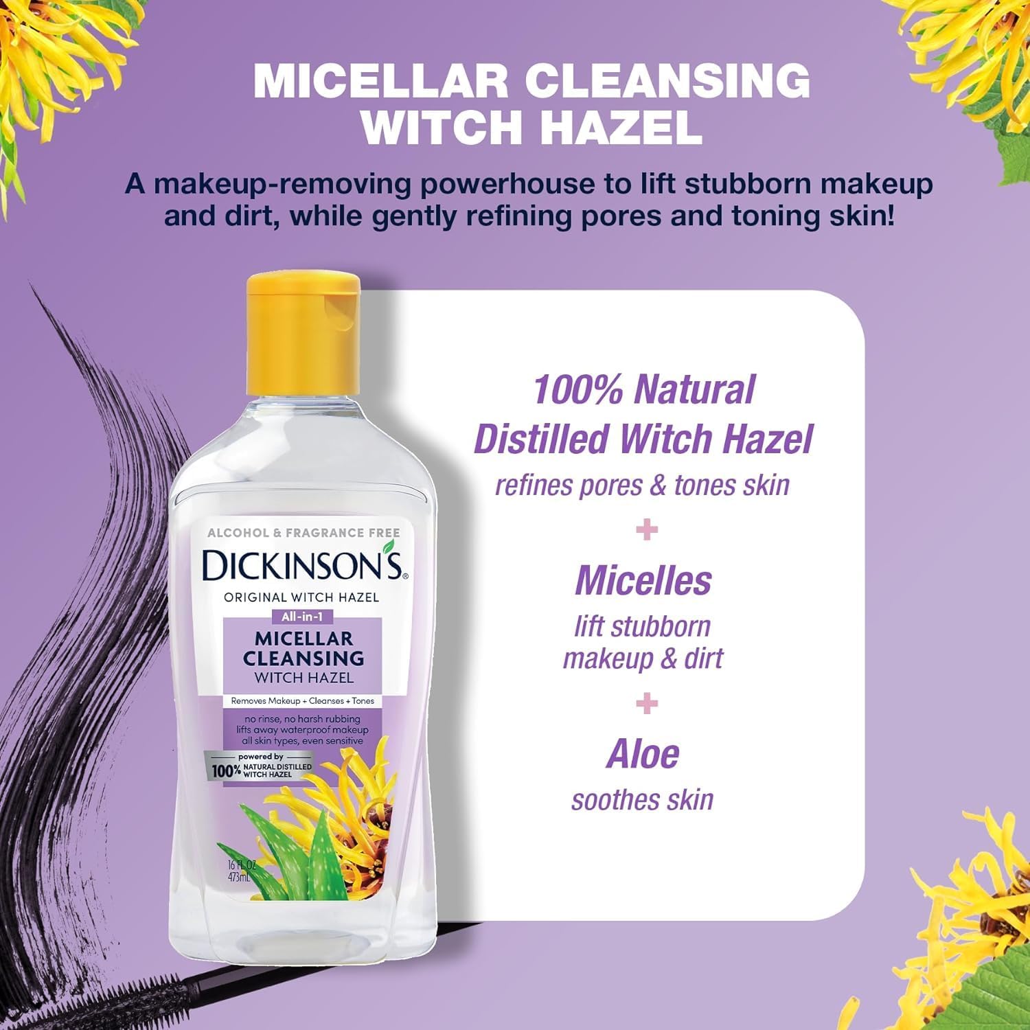 Dickinson's Micellar Cleansing Witch Hazel, An All-in-1 Makeup Remover, Pore Refiner, Skin Cleanser and Toner; Alcohol Free with Aloe, for Sensitive Skin, 16oz-Velvo Beauty