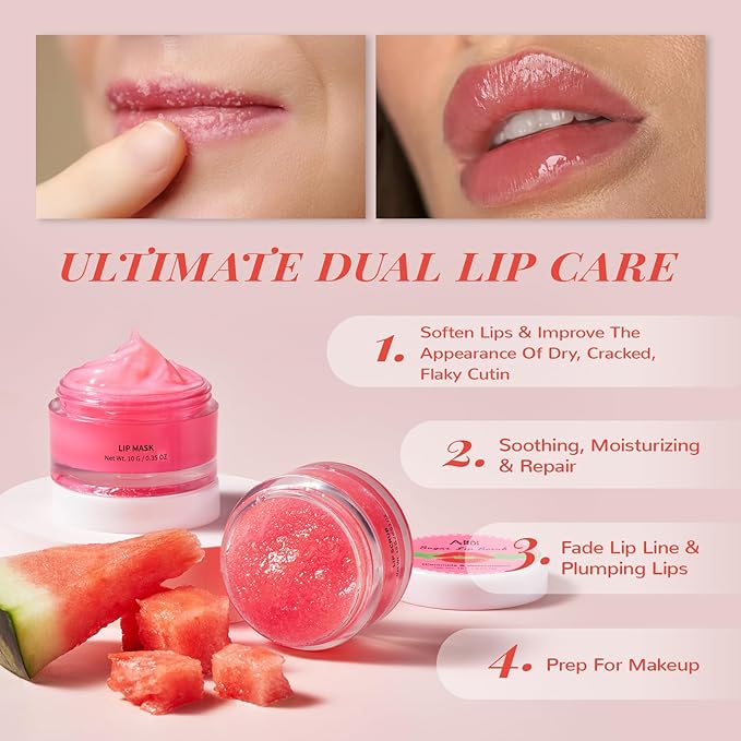 Lip Mask Set, Lip Scrub & Lip Butter, Overnight Lip Treatment Set Enriched With Skin Softening Ceramide & Watermelon and Hydrating Shea Butter, For A Softer & Smoother Pout-Velvo Beauty