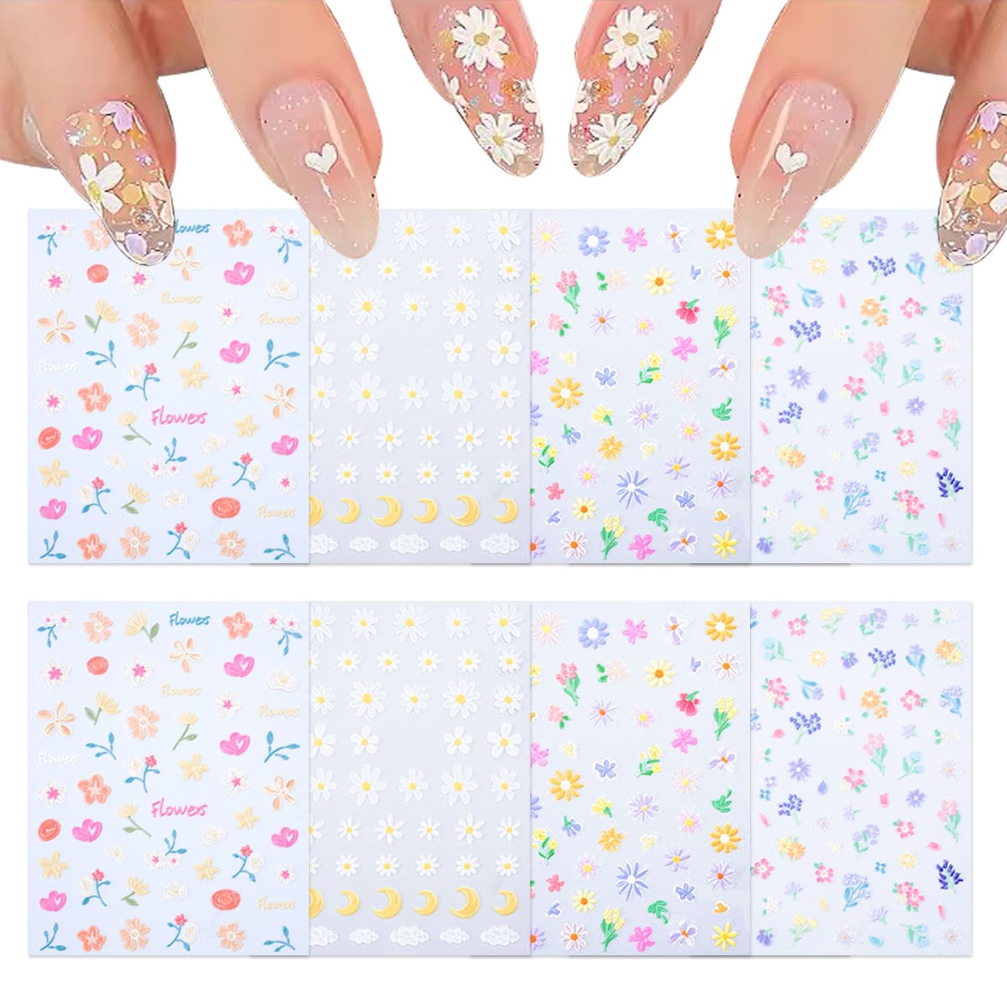 SILPECWEE 8 Sheets Flower Nail Art Stickers 3D Flower Daisy Nail Stickers Self-Adhesive Nail Design Stickers Spring Nail Decals for Nail Art Decoration Accessories-Velvo Beauty