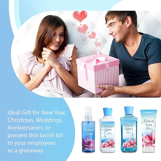 Bath & Body Kit, 3 Fl Oz, Ideal Skincare Gift Home Spa Set, Includes Body Lotion, Shower Gel, Body Cream, and Fragrance Mist, Birthday Mother's Valentine's Day Gifts(City of Love)-Velvo Beauty