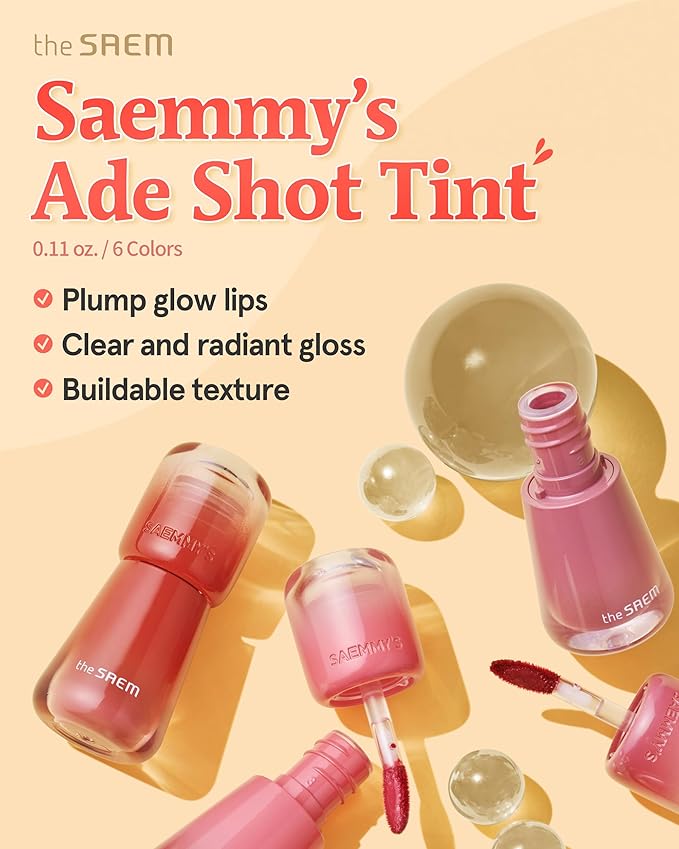 THESAEM Saemmy's Ade Shot Tint (01, 06) - Korean Lip Titnt, Water Gel Lip Stain with Plump Glowy Moisturizing Finish, Buildable Radiant Gloss, Long-Lasting Comfort, 0.1 fl.oz.-Velvo Beauty
