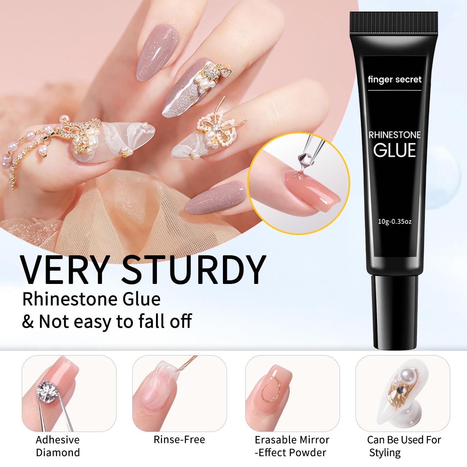 2PCS Rhinestone Glue Gel Kit- Superior Nail Art Glue Strong and Long-Lasting Bond for Nail Art Decorations, Charms, 3D Bling, Gems, Jewel Diamonds UV/LED Easy Apply with Nail Rhinestone Glue Kit-Velvo Beauty