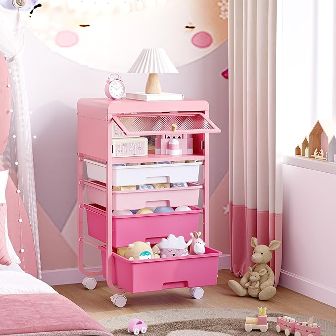 Utility-Rolling-Storage-Drawer-Craft-Cart-Organizers with 4 Drawers & Dust-Proof Door for Kid Craft Art Room,Bedroom,Home Office, Classroom, Rose Pink-Velvo Beauty