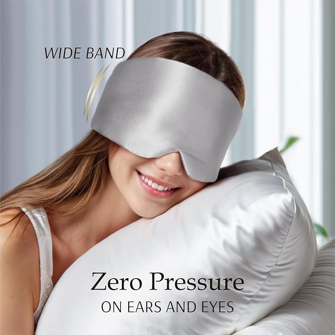 Zenssia 100% Mulberry Silk Sleep Mask Eye Mask for Man and Woman with Adjustable Headband, Full Size Large Sleep Mask & Blindfold for Total Blackout for All Night Sleep, Travel & Nap-Silvergrey-Velvo Beauty