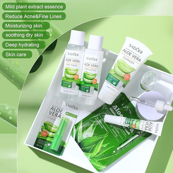 10 Pcs Skin Care Sets Face Care Set for Women Includes 1 Pcs Cleanser, Toner, Lotion, Eye Cream, Serum, Face Cream, Lip Balm and 3 Facial Masks Skincare Gift for Girls (Aloe Vera)-Velvo Beauty