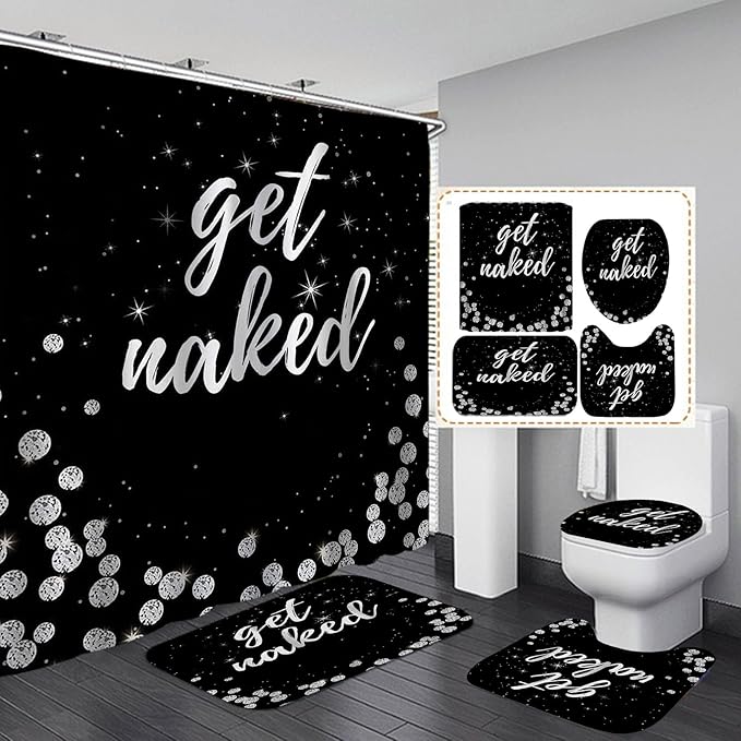4PCS Luxury Diamond Shower Curtain Set, Bling Rhinestone Gem Crystal Jewelry Shining Starry Sky Galaxy Bathroom Decor, Waterproof Fabric Black Shower Curtain, Get Naked Bath Mat Toilet Rug-Velvo Beauty
