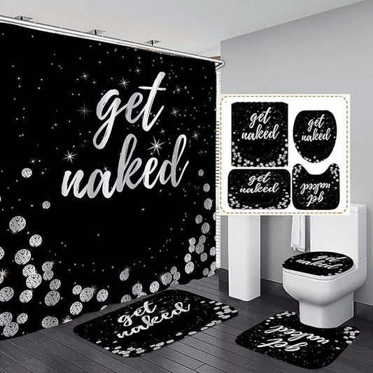4PCS Luxury Diamond Shower Curtain Set, Bling Rhinestone Gem Crystal Jewelry Shining Starry Sky Galaxy Bathroom Decor, Waterproof Fabric Black Shower Curtain, Get Naked Bath Mat Toilet Rug-Velvo Beauty