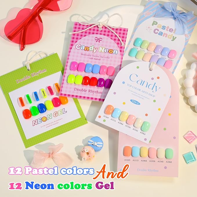 Double Rhythm 28Pcs 0.5Oz Gel Nail Polish Set Same Color Same Bottle Soak Off Gel Polish Kit Nail Art Manicure Salon DIY at Home for Women (Candy Neon Collection-T24-6)-Velvo Beauty