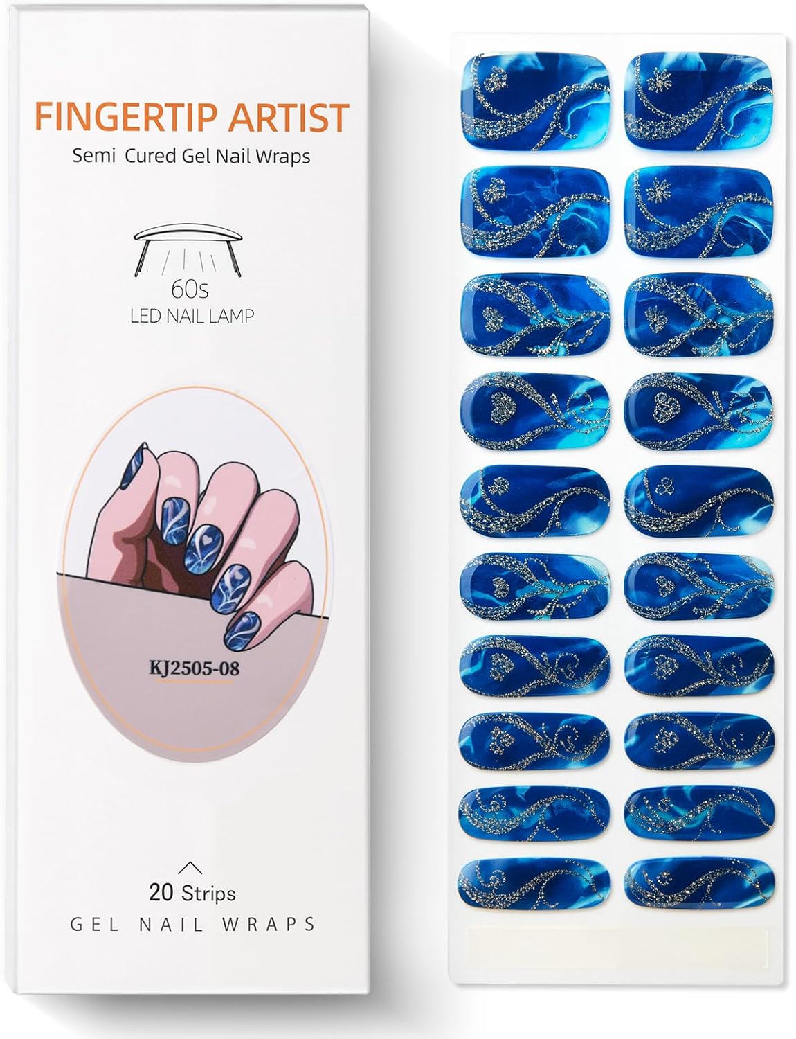 Semi Cured Gel Nail Strips with Gold Heart Designs Blue Gel Nail Strips Glossy Stickers Salon Quality & Easy to Use for Women 20 Pcs-Velvo Beauty