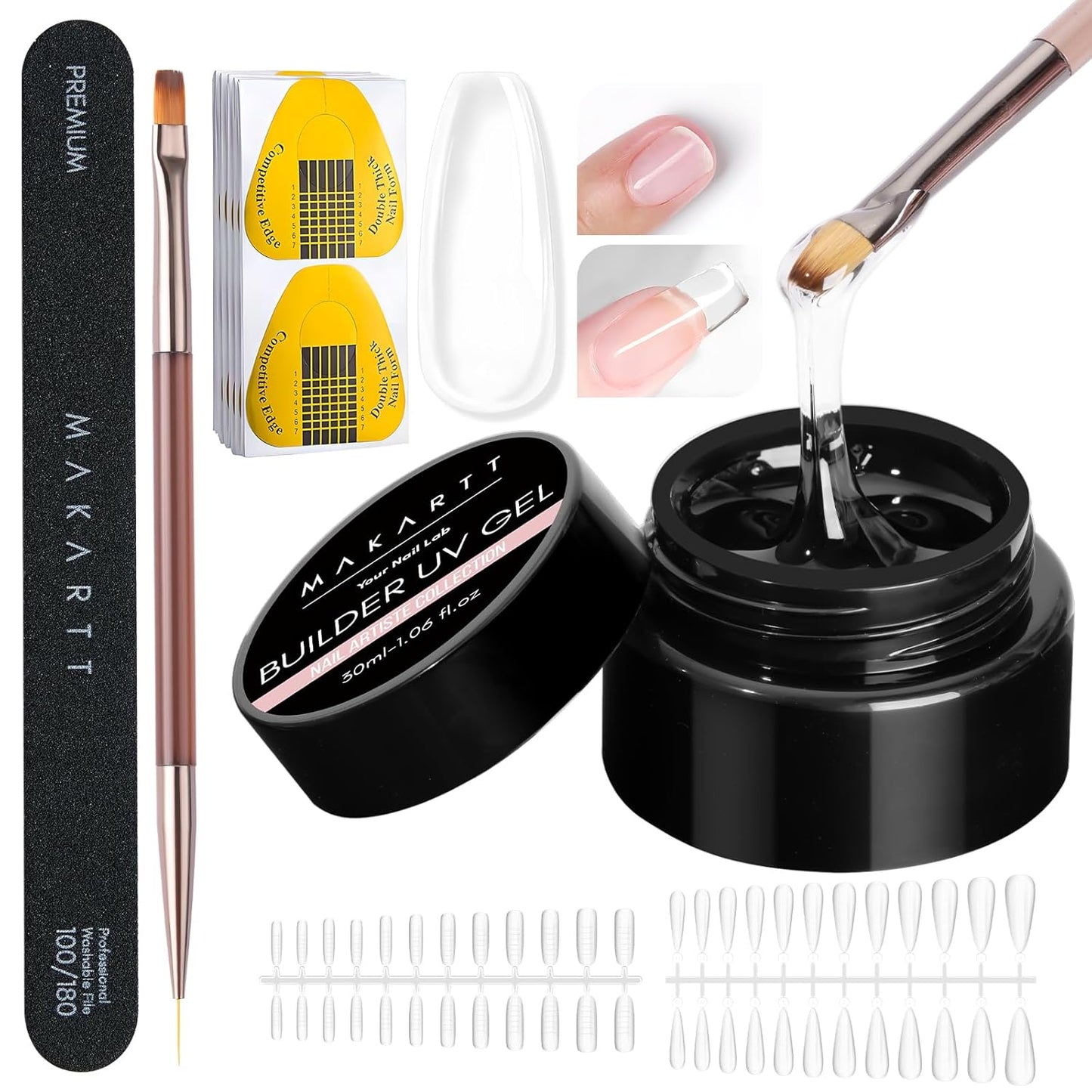 Makartt Clear Gel Builder Kit: Self-Levelling, Long Lasting Extension Hard Gels for Strengthener, Broken Nails Repair Gel Kit with Paper Forms, Dual forms, Nail File and Dual-End Brush 1.06 oz-Velvo Beauty